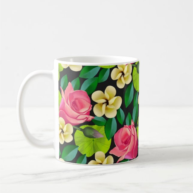 Tropiska blommor och Löv Mönster Kaffemugg (Vänster)