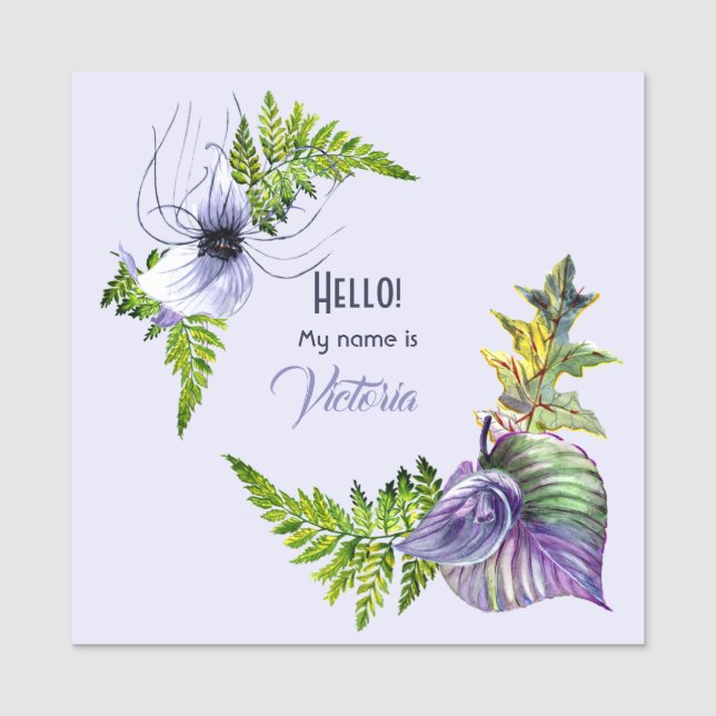 Tropiska blommor och Löv Vattenfärg Namnbricka (Framsida)