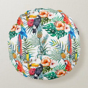 Tropiska blommor och Toucan Rund Kudde
