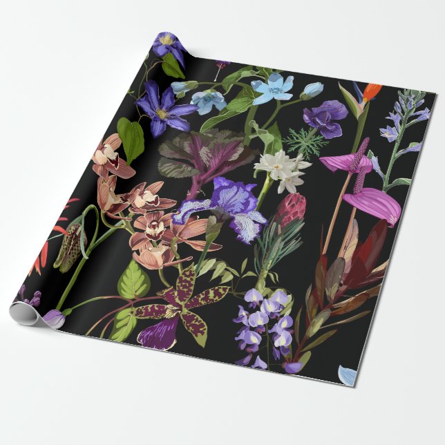 Tropiska blommor och trädgårdsblommor. presentpapper (Utrullad)