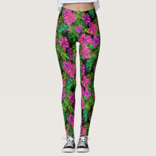 Tropiska blommor och växter på svart leggings