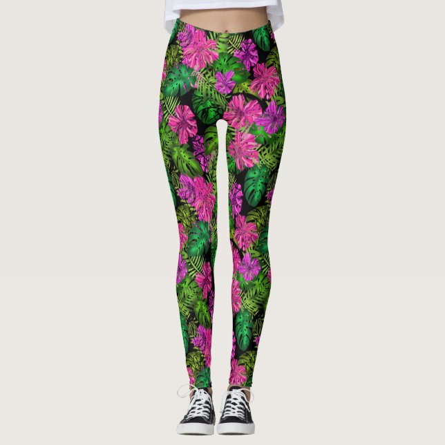 Tropiska blommor och växter på svart leggings (Framsida)