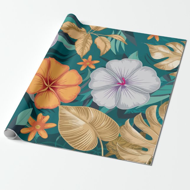 Tropiska blommor, ömtåliga blommor och gyllene Löv Presentpapper (Utrullad)
