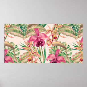 Tropiska blommor, orkidéblommor, djungelns löv, mo poster