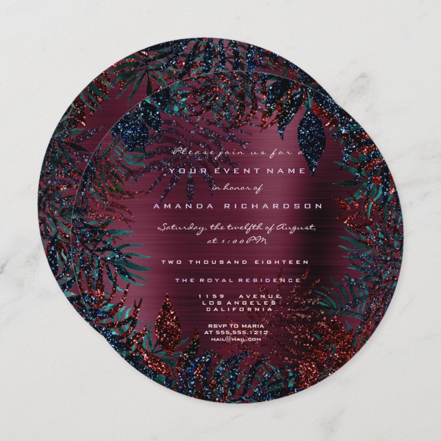 Tropiska Blommor Ormbunksblad Inramad Burgunder Gl Inbjudningar (Fram/baksida)