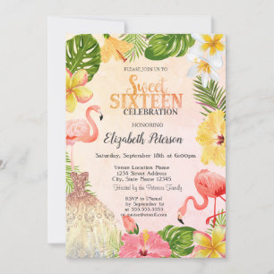 Tropiska blommor Palm Flamingos Klänning Sweet 16 Inbjudningar