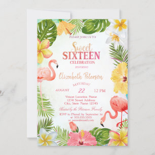 Tropiska blommor Palm Flamingos Söta 16 Födelsedag Inbjudningar