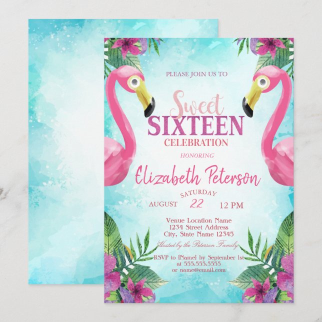 Tropiska blommor Rosa flamingos Sweet 16-fest Inbjudningar (Fram/baksida)