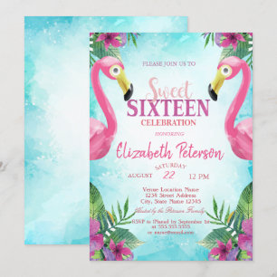Tropiska blommor Rosa flamingos Sweet 16-fest Inbjudningar