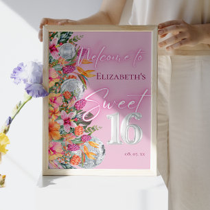 Tropiska blommor rosa neon glöd Sweet 16 välkommen Poster