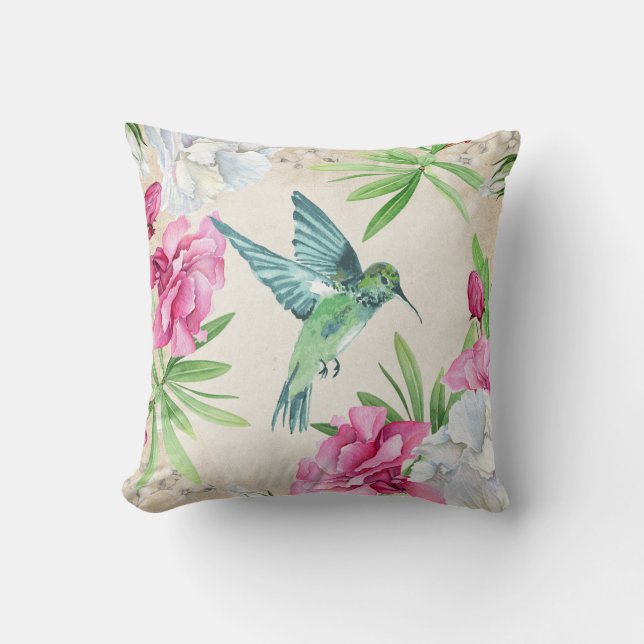 Tropiska blommor som flyger hummingbirden kudde (Framsida)
