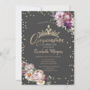 Tropiska blommor Tiara diamanter Grå Quinceañera Inbjudningar