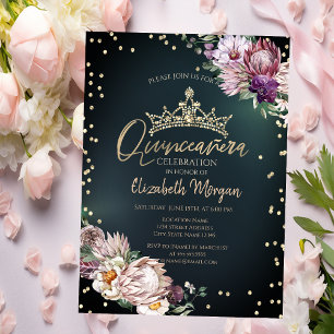 Tropiska blommor Tiara diamanter Grön Quinceañera Inbjudningar