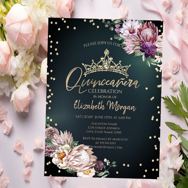 Tropiska blommor Tiara Diamonds Grönt Quinceañera Inbjudningar (Skapare uppladdad)