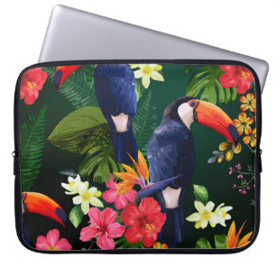 Tropiska blommor, tukan: blommigtens bakgrund. laptop fodral