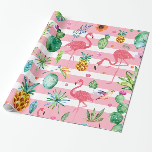 Tropiska blommor, växter och fåglar, rosa & vit presentpapper (Utrullad)