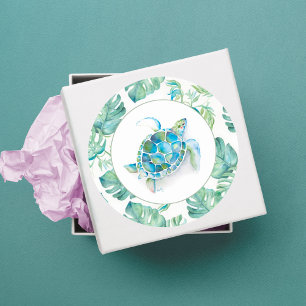 Tropiska Blue Sea Turtle Watercolor Greenery Runt Klistermärke