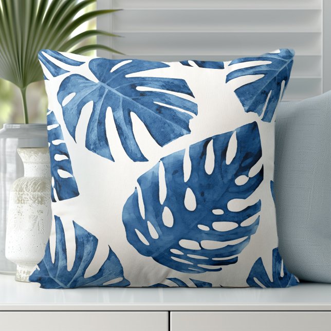 Tropiska Blue White Handflatan Löv Kudde (Transform Your Room with Coastal Throw Pillows)