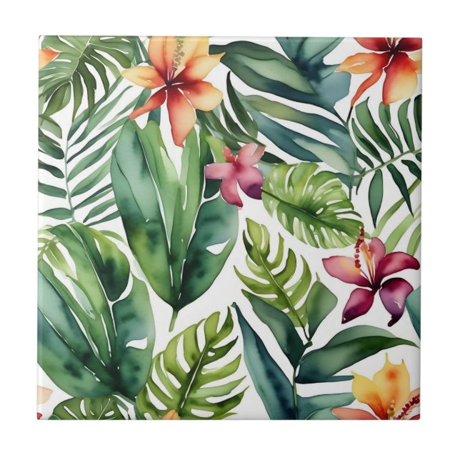 Tropiska botaniska arter Vibrant Watercolor Foliag Kakelplatta (Framsidan)