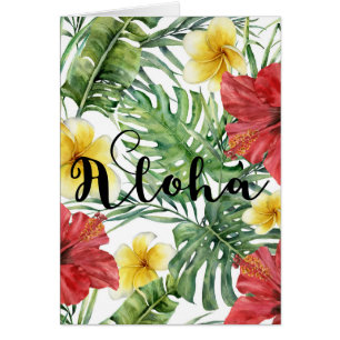 Tropiska botaniska blad och blommor Blommande Aloh OBS Kort
