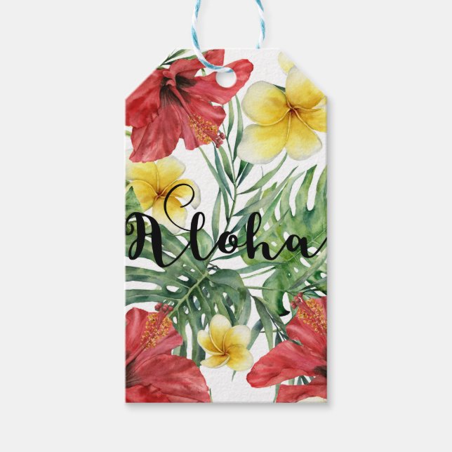 Tropiska botaniska blad och blommor Blommig Aloha Presentetikett (Framsidan)