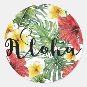 Tropiska Botaniska blad och blommor Blommig Aloha Runt Klistermärke