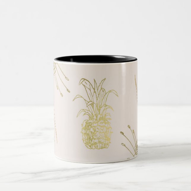 Tropiska Botaniska Blommiga Löv Guld Ananas Två-Tonad Mugg (Center)