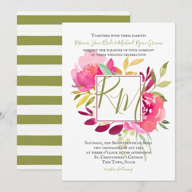 Tropiska Brights Ro Square Ram Monogram Inbjudningar (Fram/baksida)