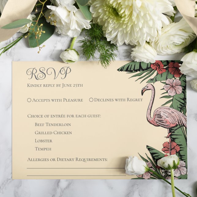 Tropiska Bröllop Gult OSA kort (Elegant & Chic Yellow Floral Flamingo Tropical, Summer or Beach Wedding RSVP Response Card. )