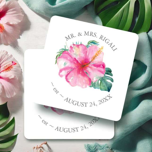 Tropiska Bröllop Hibiscus Flower Underlägg Papper Kvadrat (Wedding favors tropical hibiscus flowers art by Victoria Grigaliunas of Do Tell A Belle)
