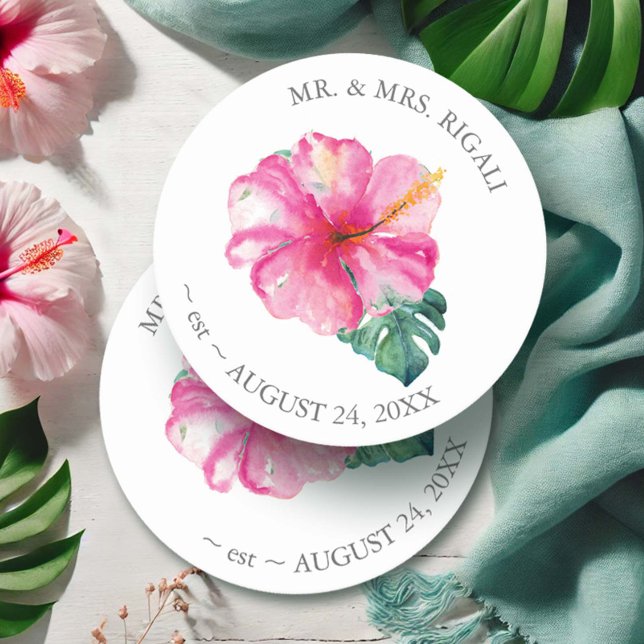 Tropiska Bröllop Hibiscus Flower Underlägg Papper Rund (Wedding coasters for favors watercolor pink hibiscus flowers art Victoria Grigaliunas DoTellABelle)