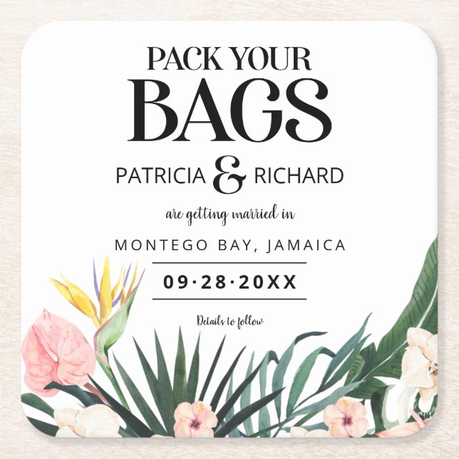 Tropiska Bröllop spara datum Underlägg Papper Kvadrat (Framsidan)