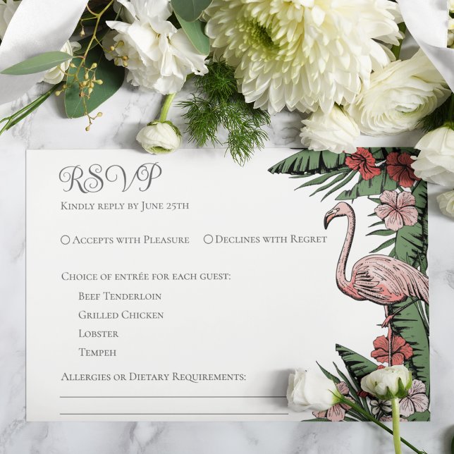 Tropiska Bröllop White OSA kort (Elegant & Chic White Floral Flamingo Tropical, Summer or Beach Wedding RSVP Response Card. )