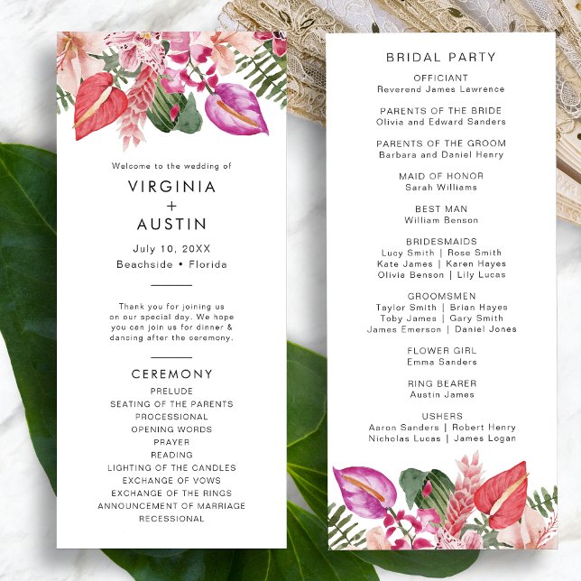 Tropiska Bröllopsprogram Program (Tropical Watercolor Floral Wedding Programs by Painted Paperie
)