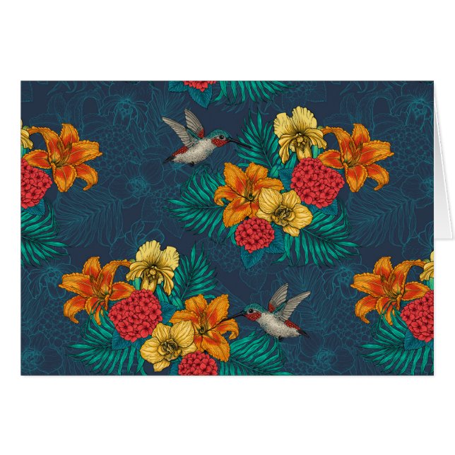 Tropiska buketter och hummingfåglar hälsningskort (Framsidan Horizontal)