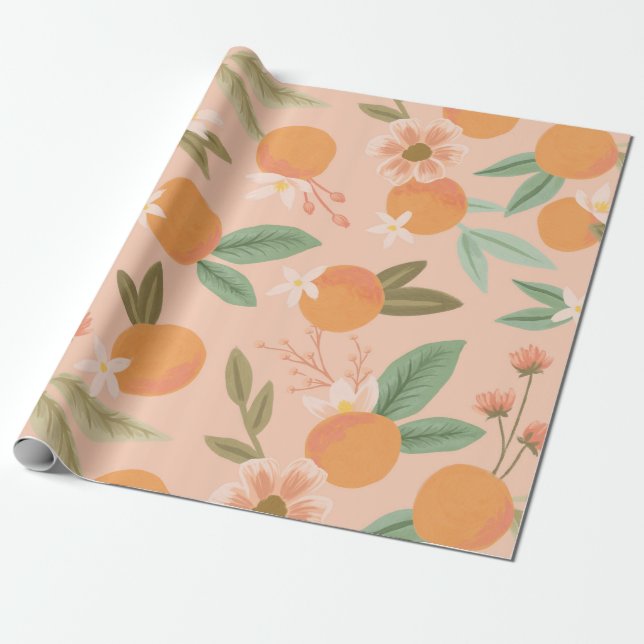 Tropiska Citrus-Blommigtens Rosa Presentpapper (Utrullad)
