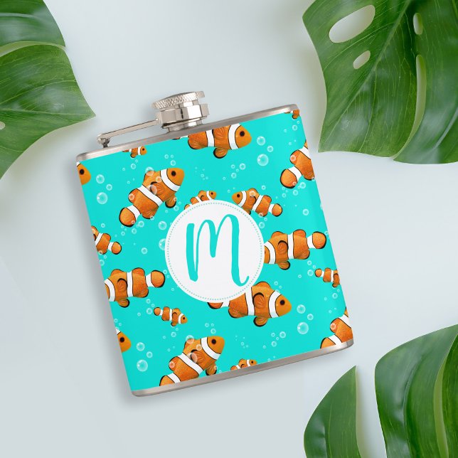 Tropiska clownfish & Bubbles Mönster Fickplunta (Tropical Clownfish Pattern & Monogram Flask)