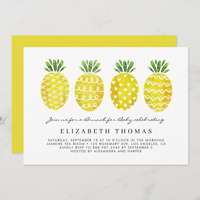 Tropiska Cute Watercolor Pineapples Baby Brunch Inbjudningar (Fram/baksida)