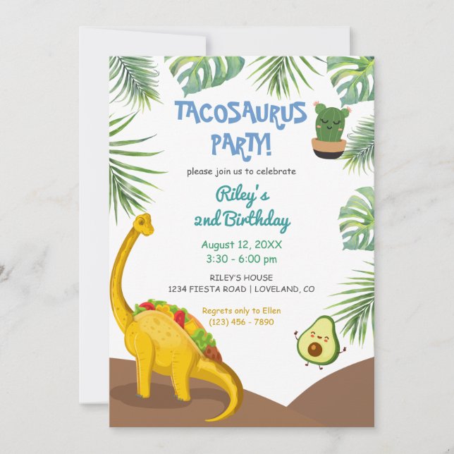 Tropiska Dinosaur Tacosaurus Party födelsedag Inbjudningar (Framsida)