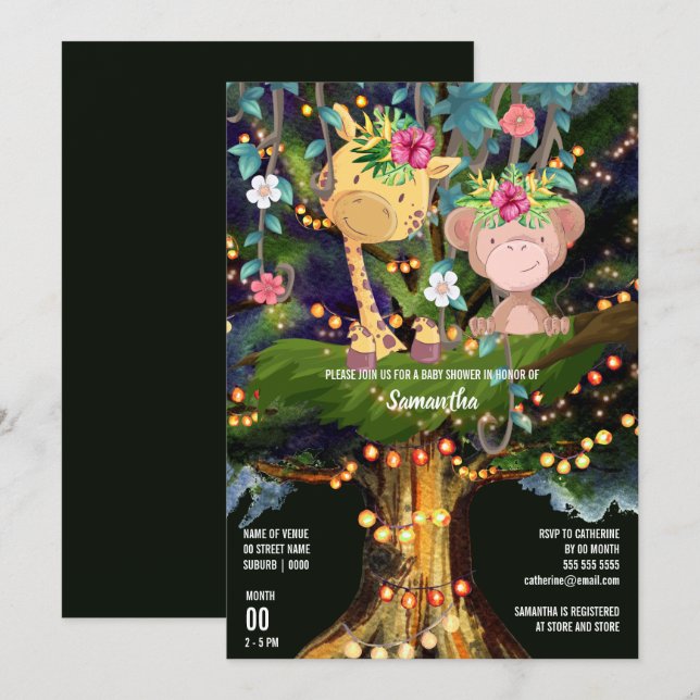 Tropiska djungeldjur nattetid ljus giraffe inbjudningar (Fram/baksida)