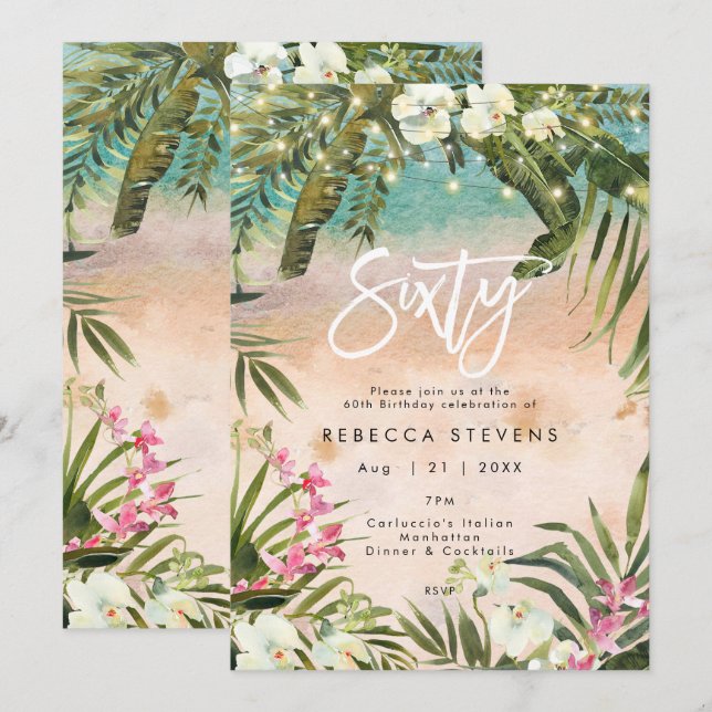 tropiska djungeln ljus 60 60 födelsedag inbjudningar (Fram/baksida)