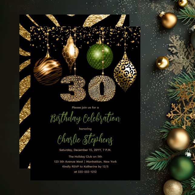 Tropiska djur Skin Baubles 30års födelsedag Party Inbjudningar (Glamorous Tropical Animal Print Baubles 30th Birthday Party Invitation in Black, Gold & Olive Green)