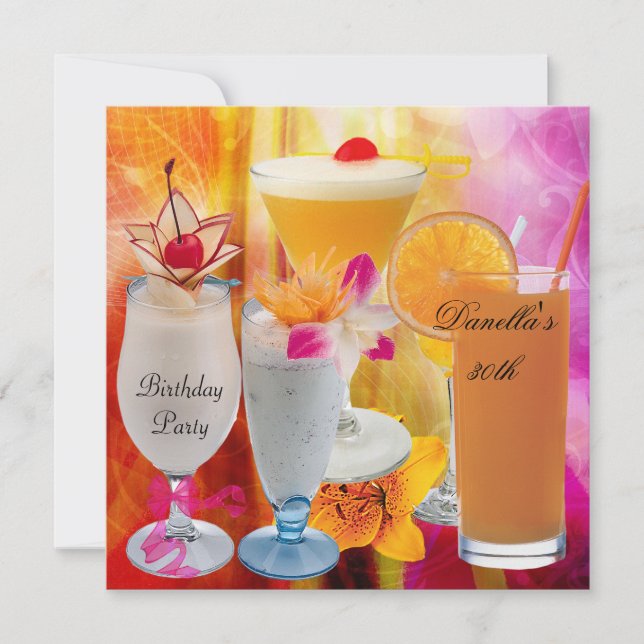 Tropiska Drinks Cocktails 2 30års födelsedag Inbjudningar (Framsida)