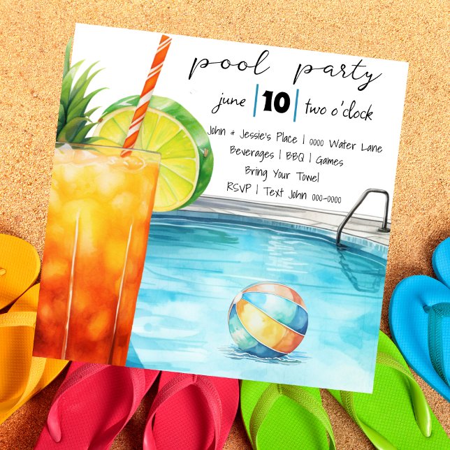 Tropiska drycken och Bassäng Party Inbjudningar (Tropical drink vibes pool party invitation with beach ball and poolside scene- customizable. )