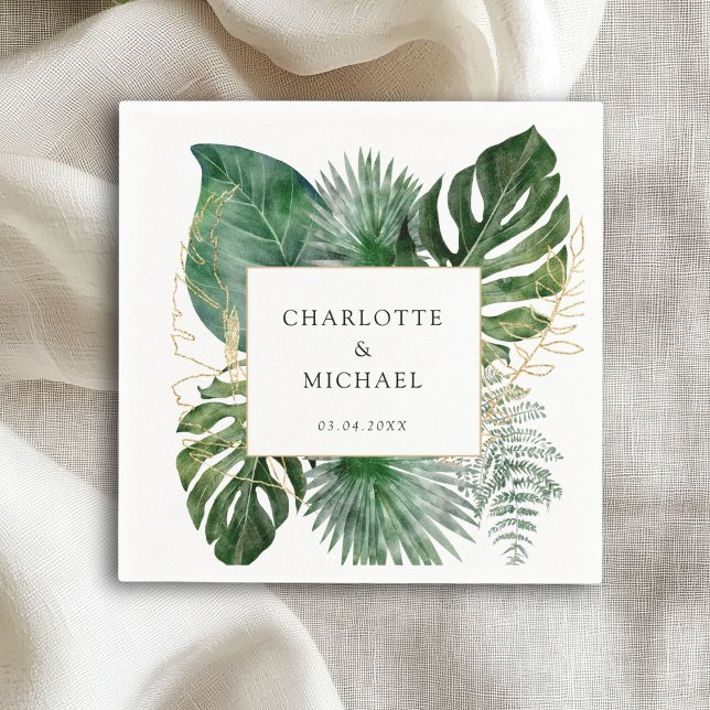 Tropiska Eleganten Plant Trending Bröllop Pappersservett (Tropical Elegant Plant Trending Wedding Napkins with your name and date.)