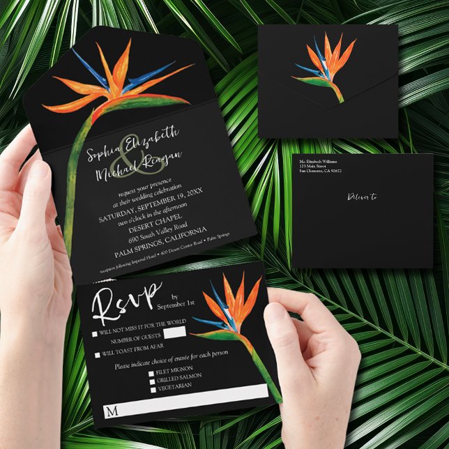 Tropiska fågeln i Paradise Bröllop (All in one wedding invitation with tear off RSVP card and guest's mailing address space on the front)