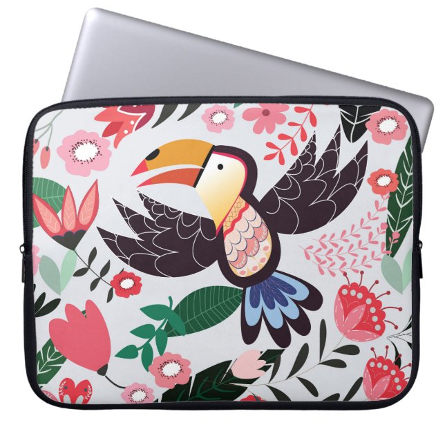 Tropiska fåglar, blommigt Dodle mönster. Laptop Fodral (Framsidan)