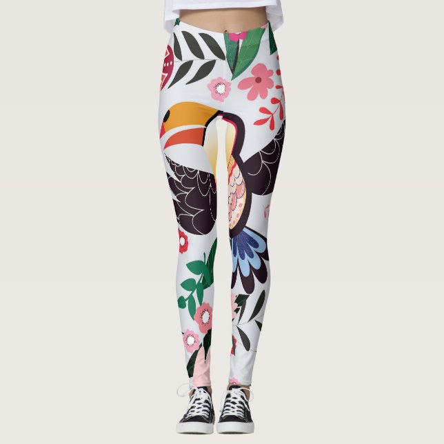 Tropiska fåglar, blommigt Dodle mönster. Leggings (Framsida)
