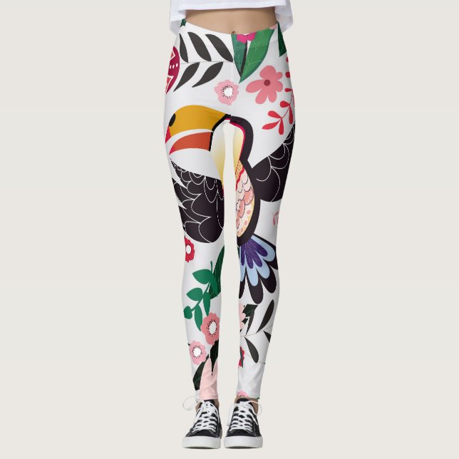 Tropiska fåglar, blommigt Dodle mönster. Leggings (Framsida)