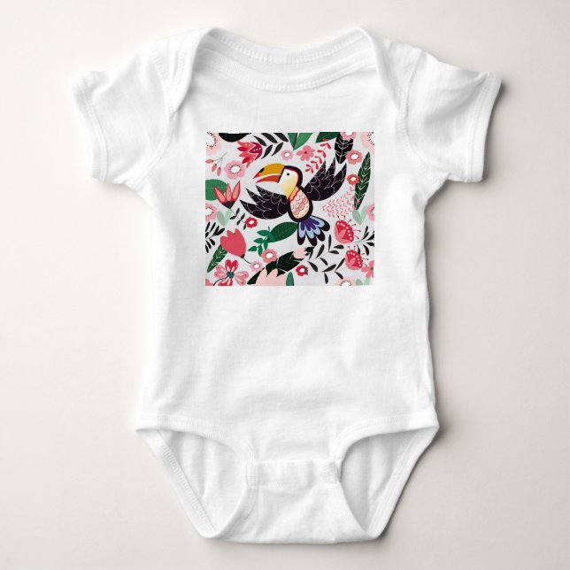 Tropiska fåglar, blommigt Dodle mönster. T Shirt (Framsida)